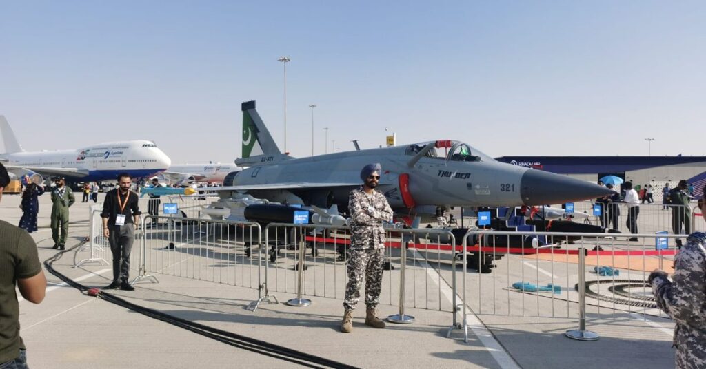 Dubai Air Show 2025: Indian Airforce personnel pose with Pakistan's JF-17 Thunder