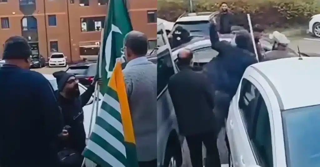 Banned JAAC goons attack patriotic Kashmiri for holding Pakistani flag in Birmingham